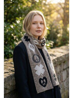 Lucky Brand Knit Scarf With Peace & Clover Symbols In Gray & Black